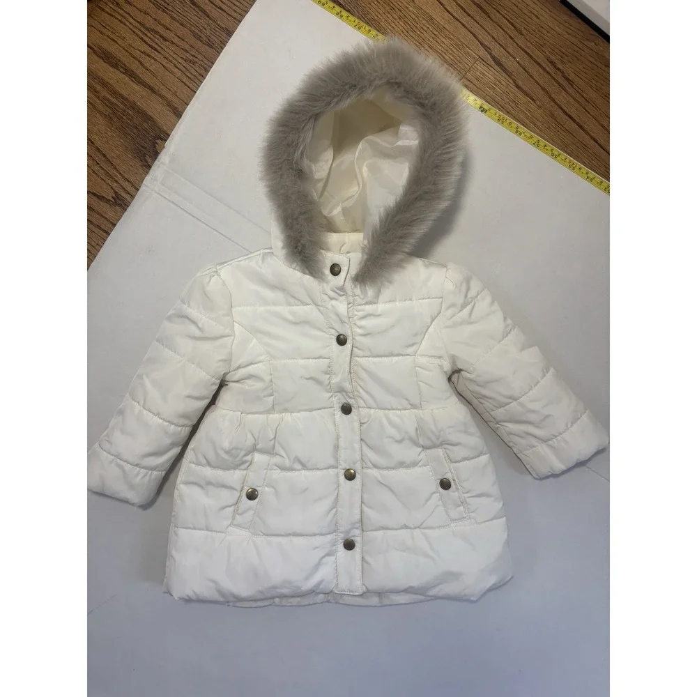 Janie And Jack Faux Fur Trimmed Puffer Coat Girls Sz 18 -24 Months Cream